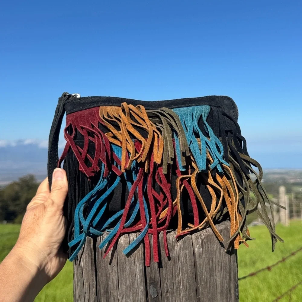 PATRICIA NASH Black Suede leather Multicolor Fringe Wristlet Bag Westen